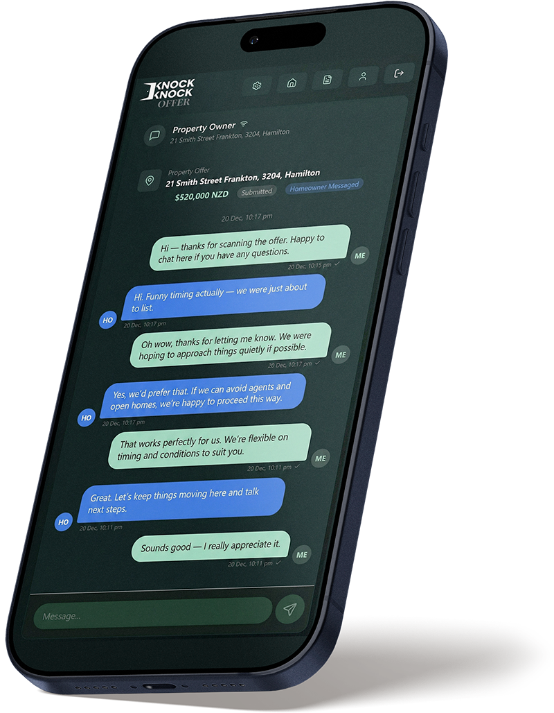 Secure one-to-one messaging between property buyer and homeowner showing a conversation about a property offer